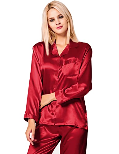 Image of SWOMOG Long Sleeve Pajamas Set Silk Satin Sleepwear Button Down Pjs Loungewear with Pocket