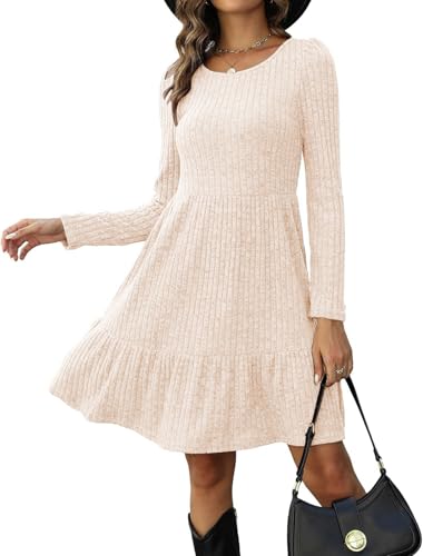 Zetieny Strickkleid Damen Langarm Strickpullover Elegant Kleider A-Linie Herbstkleid Rundhals Pulloverkleid Knielang Kleid für Herbst Winter