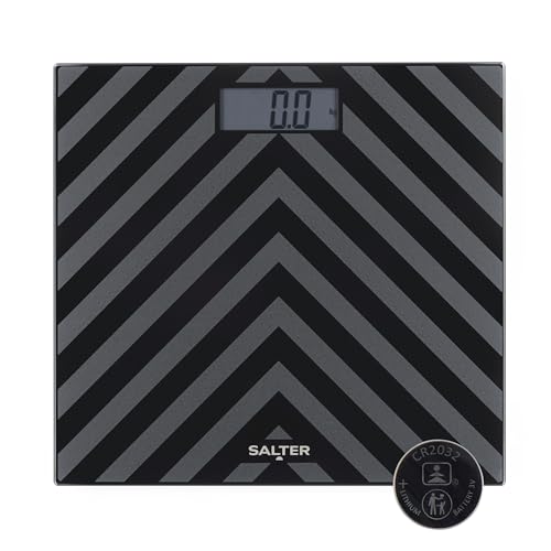 Image of Salter Digital Bathroom Scale - Electronic Digital Bodyweight Scale, Black Chevron Glass Platform, 180kg/28st 8lb, LCD Large Display, Step On Instant Accurate Readings, Slim Storage, Includes Battery