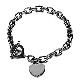 WangGao Elegent Love Stainless Steel Link Chain Blank Heart Charms Bracelet for Women Fits 6.27-7.24'' Wrist Toggle Clasp Closure Black…