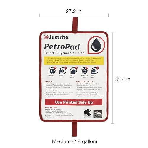 Image of Justrite PetroPad 2.8 Gallon Capacity Oil Absorbent Pads, 35 inch x 27 inch, Eco-Friendly Washable and Reusable Absorbent Oil Mat for Indoor and Outdoor Use, Medium, 83984