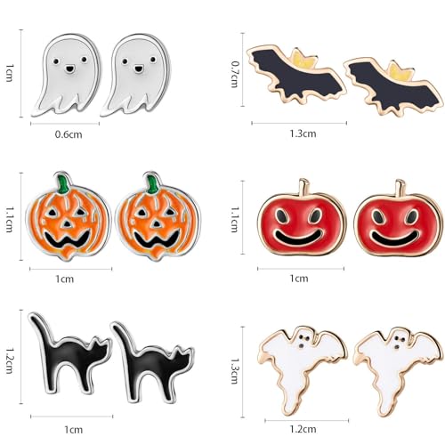 Hicarer 6 Pairs Halloween Earrings Set Include Pumpkins Black Cats Bats Ghost Stud Earrings for Women(Stud Earrings Series)2