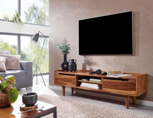 Image of Solid Wood TV Unit for Living Room 55 Inch Furniture - Wooden TV Unit with Storage Cabinet with 2 Door, 2 Open Shelves Wooden TV Cabinet for Living Room - Fits up to 55-Inch TV (Adam)