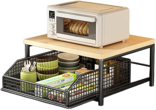 Organizador de encimera de cocina con cajón y cesta de alambre, estante de madera dura resistente para cafetera y más, almacenamiento que ahorra espacio