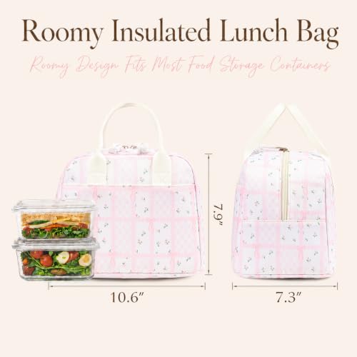 Image of LOVELYWIND Lunch Box for Women, Insulated Lunch Bag, Pink Checkered Tote