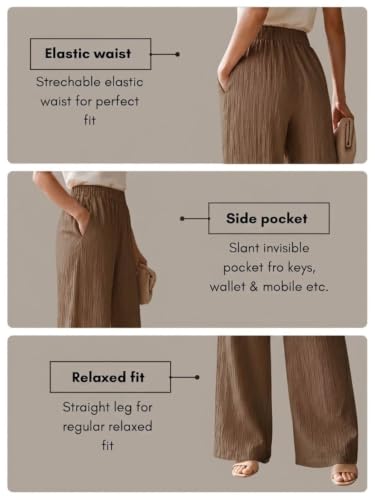 Image of Women's High Waist Wide Leg Trousers | Textured Crinkle Palazzo Pants | Elastic Waist Casual Formal Office Wear Trousers | Comfortable Lightweight Bottom Wear for Women