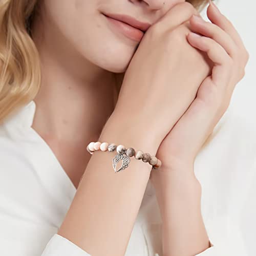 QWNHONEY Memorial Gifts for Loss of Loved Sympathy Remembrance In Memory of Mother Father Pet Bereavement Grief Pink Red Beads Bracelet with Angle Wings Jewelry Gifts for Women2