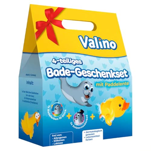 Valino Kinder Badefarben 4 teiliges Geschenk Set mit Paddel Badeente