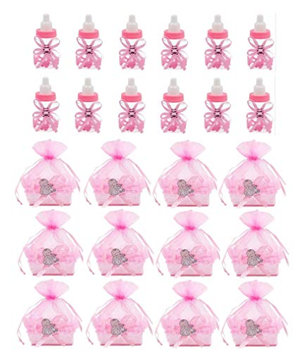 Baby shower favors for girls ,12Pcs Baby shower bottles with 12Pcs Organza baby shower candy bags for Baby shower party Supplies guest gifts decorations favors,Pink,Noex direct(basket/bottle-1)