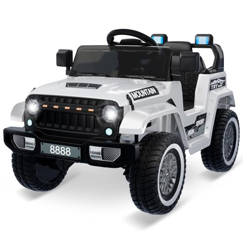 Kids Ride On Truck Car, 12V Battery Powered Electric Vehicles for Kids with Remote Control, 3 Speeds, Led Lights, Music, Ride On Toy Car for Boys Girls, White