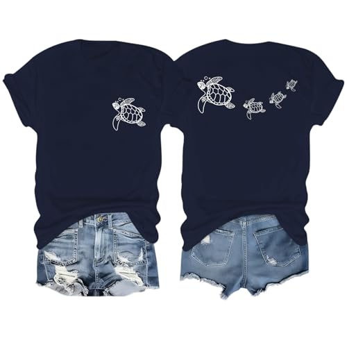 BeWithYou Cute Sea Turtle Shirts for Women Hawaiian T Shirt Aesthetic Preppy Ocean Beach Tshirt Funny Graphic Tees Casual Top(Navy Blue M)