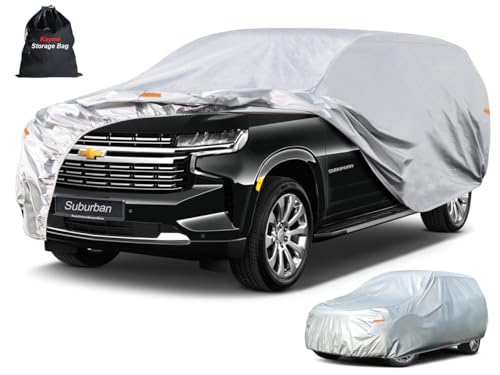 Image of Kayme 6 Layers SUV Car Cover Custom Fit for Chevrolet Chevy Suburban (1973-2024) Waterproof All Weather for Automobiles, Outdoor Full Cover Rain Sun UV Protection.Silver