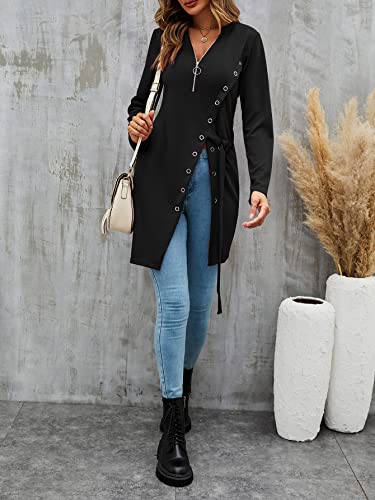 Lyaner Women's Sexy Zip Up V Neck Long Sleeve Side Split Asymmetrical Hem Longline Tunic Blouse Top Black Large #TOP6