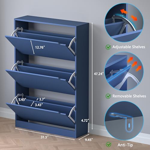 Image of BORNOON Shoe Cabinet with 3 Flip Drawers, Hidden Wood Shoe Cabinet,Freestanding Shoe Storage Cabinet for Entryway Hallway. 47.2 inch H*31.5 inch W*9.45 inch D