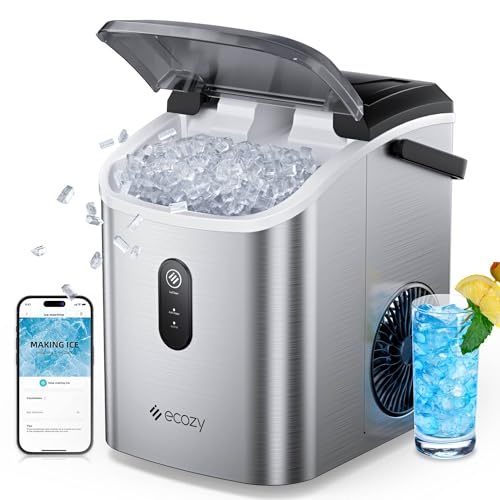 ecozy Nugget Ice Maker Countertop, Smart Portable Crushed Ice Maker with Voice Control, Pellet Chewable Ice 33lbs/24H, Self-Cleaning, with APP WiFi, Timer Function, TDS, for Home/Travel/Office/Party