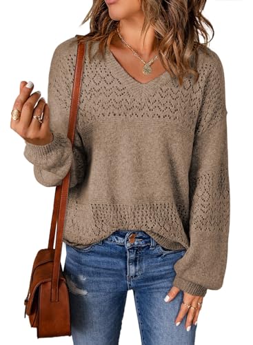 Image of SHEWIN Women's Sweaters Casual Long Sleeve V Neck Crewneck Lightweight Crochet Pullover Sweater Tops
