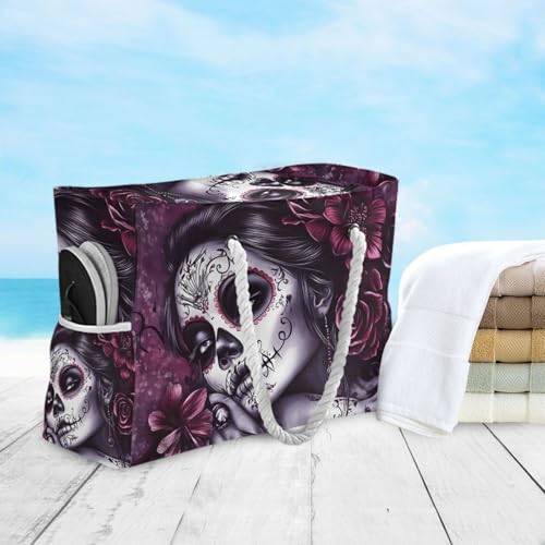 Purple Sugar Skull Face Beach Bag for Women Large Beach Tote Bag with Zipper for Travel Vacation4