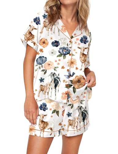 Image of SHESHOW Satin Pajamas for Women Set Preppy Animals Pjs Short Sleeve Shorts 2 Piece Loungewear Sets XS-XXL