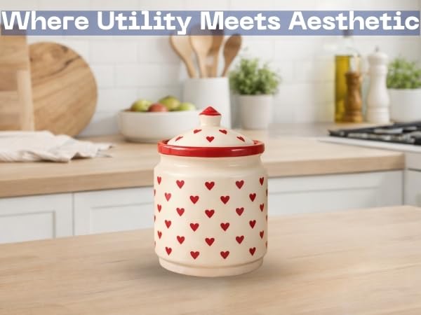 Image of Classyo Ceramic Storage Containers - 700 ml, Salt Container, Pickle Jar with lid, Ceramic Jars for Kitchen Storage for Achar and Namak (Set of 1, Heart Design)