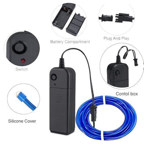 Image of MaxLax EL Wire Blue, 2M Portable Battery Pack Neon Light Strip 360 Cuttable Glowing Rope Lights for Parties, Halloween, DIY Decoration