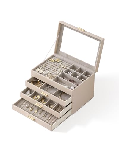 BIQI MUSSE Joyero para mujer, con tapa transparente, organizador de joyas de 4 niveles, 3 cajones, almacenamiento multifuncional para collares, aretes, pulseras, anillos, color beige
