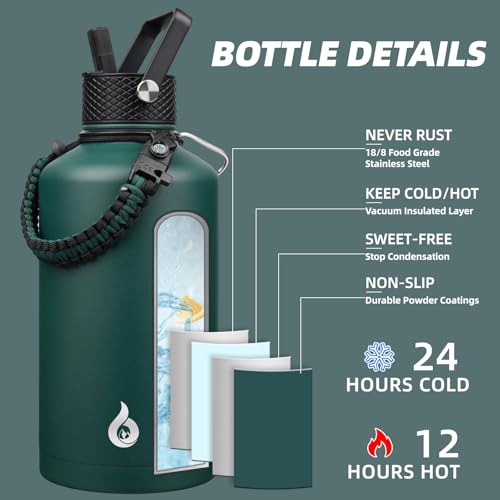 Image of BJPKPK 2 /3 Gallon Water Bottle with Straw Lid, 87oz Large, Stainless Steel Water Bottles with 3 Lids and Paracord Strap, Double Wall Vacuum Metal Water Jug, Army Green