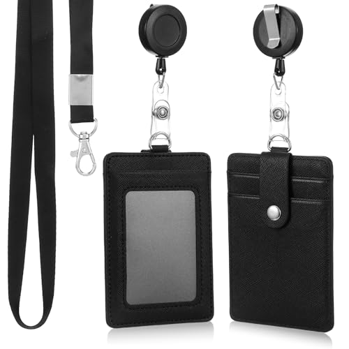 PU Leather Badge Holder with Lanyard ID Badge Holder with Retractable Reel Clips, Multiple Card Slots Retractable Badge Reel ID Card Holders Set for Badge Credit Cards