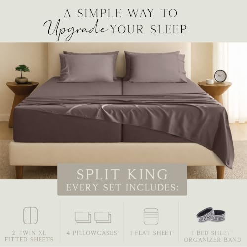 Image of KARISSA MAE 7 Piece Luxury Bamboo Viscose Split King Sheets, FSC Certified | Includes 2 Twin XL Fitted Sheets | Sleep Number & Adjustable Bed | Cooling | 18 inch Deep Pocket | 4 Pillowcases [Mocha]