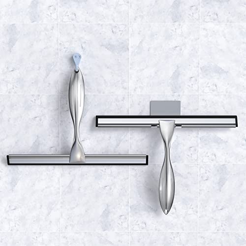 Image of Shower Squeegee for Glass Door 12-Inch Stainless Steel Bathroom Squeegee Window Wiper, Includes Shower Door Hook, Adhesive Hook, and Spare Silicone Blade for Window Mirror Car All-Purpose Squeegee