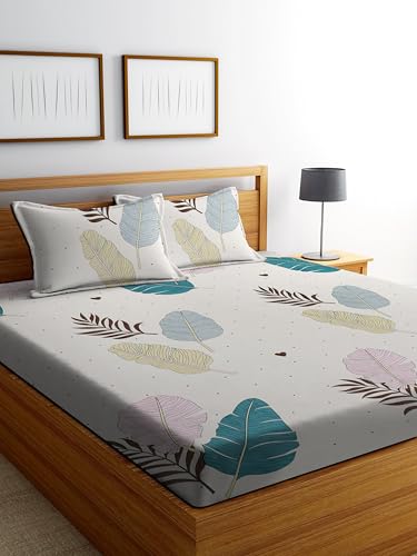 Image of DECORUM Glace Cotton Fitted 1 Bedsheet King Size (72 inchx78 inch) | All Around Elastic | Cotton Feel | 2 Pillow Covers (17 inchx27 inch) | Fits Up to 8 inch Mattress | 200-220 TC | Printed Double Bed Sheet Set