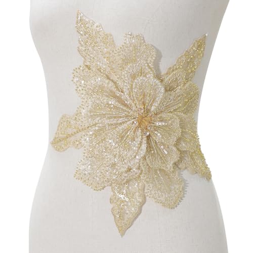 HHQ Handmade Rhinestones Applique Sewing Beads Stones Trim Lace Patches Sparkly Silvery Sew on Sequins Crystal Beaded Bodice Accessory for Wedding Dresses DIY Decorative Clothes (DH02-GD)