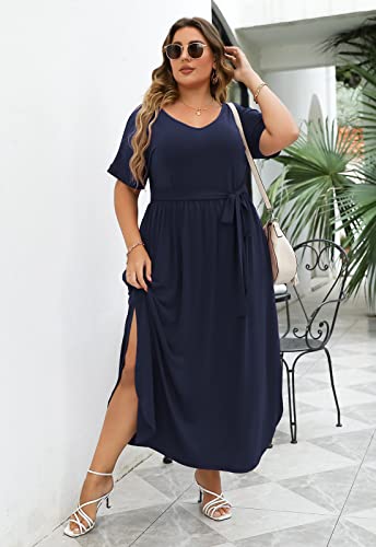 Image of Nemidor Womens Casual Plus Size Tie Waist Slit Long Maxi Dress with Pockets NEM313
