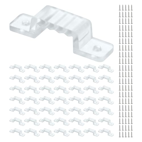 TIXIPEM Waterproof LED Strip Light Clips [50pcs] - Mounting Clips with Screws for 11 to 14mm LED Neon Flexible Strip Lighting, Neon Signs DIY - [Transparent - 1.3 in]