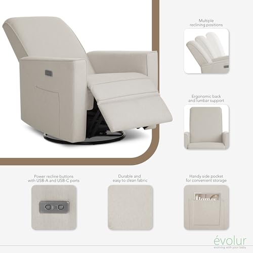 Image of Evolur Harlow Upholstered Power Glider Recliner with USB Charging - Rocking & 275 Swivel with Smooth Glide - Greenguard Gold & FSC Certified - Modern Nursery and Living Room Chair in Light Sand
