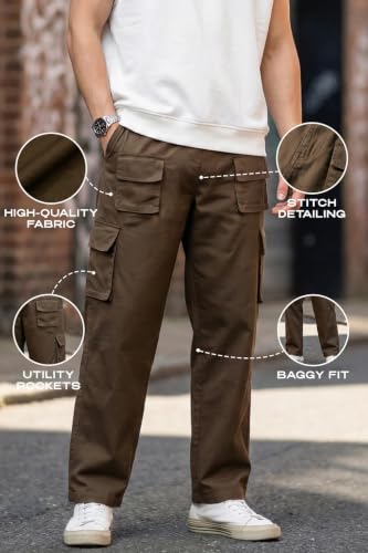 Image of Veirdo Pure Cotton Baggy Fit Regular Length Mid Rise 6 Pocket Cargos for Men (Colors Available: Black, Olive, Grey, Brown & Navy)