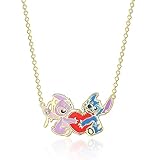 Disney Womens Stitch and Angel Heart Pendant Necklace 18' - 18kt Flash Plated Stitch Necklace Officially Licensed