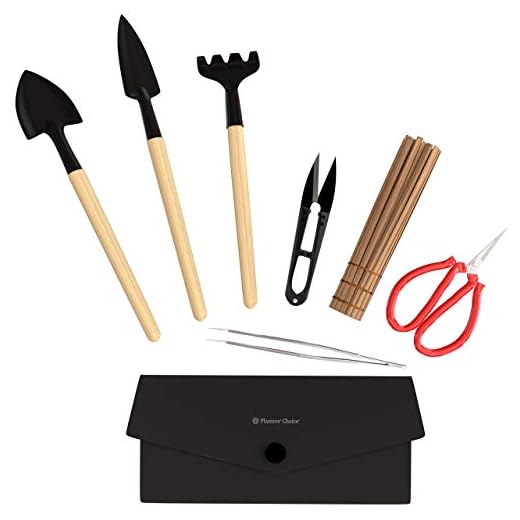 Planters' Choice Bonsai Tool Kit - Includes: Wooden Rake, Long & Wide Spades, Scissors, Tweezers, Bamboo Brush, and Pruning Shears (Trimmer/Clipper) in Fabric Storage Holder : Bonsai Tools (Tool Kit)