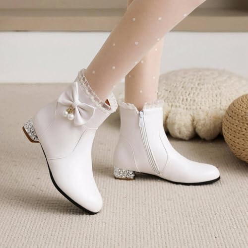 Girls Bow Ruffled Ankle Boots Classic Side Zipper Low Chunky Heel Short Booties Dress Shoes Fashion Fall Winter Shoes for Little Kid/Big Kid4