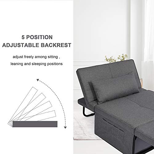 windaze Folding Ottoman Sofa Bed, 4 in 1 Multi-Function Chaise Lounge Morden Linen with 5 Position Adjustable Backrest Convertible Guest Fold Out Bed, Dark Grey