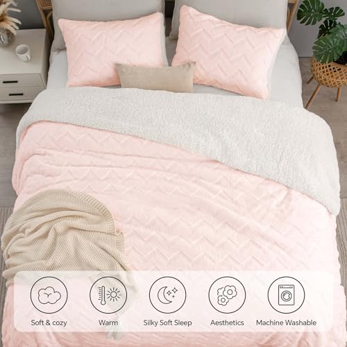 Image of BEDELITE Fluffy Sherpa King Comforter Set,Pink | Super Soft & Warm Fleece Bedding, Luxury Fuzzy Comforter for Winter, Heavy Plush Bedding Set,2 Pillowcases