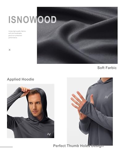 isnowood Sun Shirt UPF 50+ Men\'s Fishing Long Sleeve UV Protection Hoodie Hiking Rash Guard Swimming Running Light Blue Dark Grey