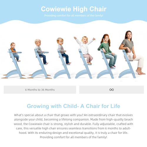 Image of Cowiewie New Upgrade 3-in-1 Convertible Wooden High Chair for Babies & Toddlers 10 Levels Adjustable 3-Tier Remove 2 Waterproof Cozy Cushions Blue