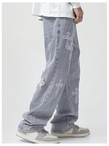Men's Vintage Cross Patch Baggy Jeans High Waisted Wide Leg Denim Pants with Pockets3