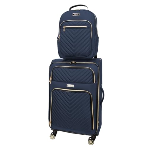 Image of Kenneth Cole REACTION Chelsea 2-Piece Bundle - 20 inch Chevron Expandable 8-Wheel Carry-On Suitcase & Matching 15 inch Laptop Backpack, Navy
