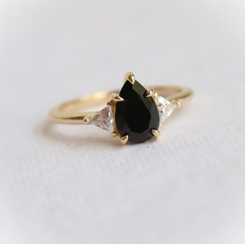 1 ct. Pear Onyx & Triangle Moissanite Ring, 14k Gold Pear Black Onyx Ring, Black Gem Side Stone Rings - GJH1762