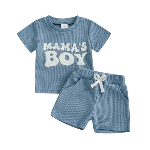 Image of allshope Baby Boy Summer Outfit Set Letter Embroidery Short Sleeve T Shirt Solid Shorts Waffle Knit Clothes 6 12 18 24 Months