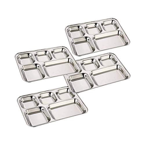WhopperIndia Heavy Duty Stainless Steel RectangleSquare Deep Dinner Plate w5 Sections Divided Mess Trays for Kids Lunch Camping Events Every Day Use 34 cm each - Set of 4 Pcs