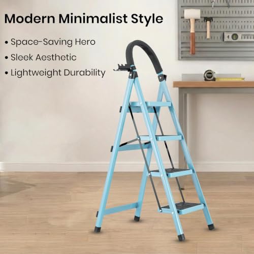 Image of Casa Copenhagen Teal Blue 4 Step Ladder for Home Use with Built-in Tool Tray | Heavy Duty D Shape Rods | Ultra Large Platform| 150Kg Capacity Foldable Ladder - 7 Years Warranty