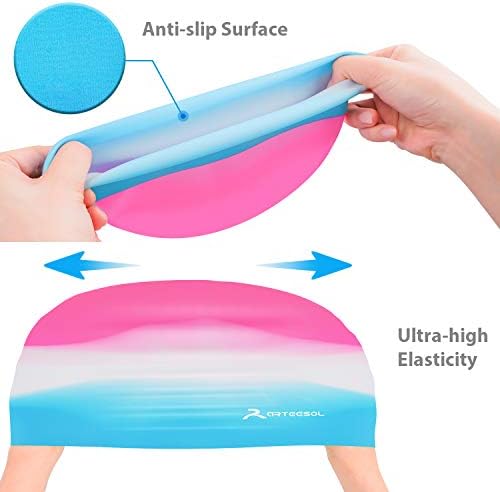 Kids Swimming Cap for Boys and Girls - Silicone Swim Caps for Age 5-12 Child Youth Teen - Swimming Hats Comfortable Fit for Long Hair
