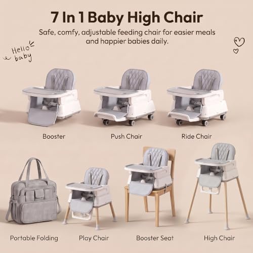Image of StarAndDaisy 7-in-1 High Chair for Baby, Baby Feeding Chair for 0 to 5 Years, Convertible Booster, Push & Ride-On Baby Chair and 3-Level Adjustable Seat, Double-Layer Tray & Wheels